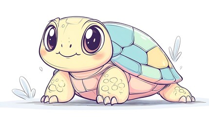 Obraz premium A cute turtle with big eyes and a pastel rainbow shell, clean white backdrop, minimalist hand-drawn style, kawaii aesthetic, soft pastel tones, hd quality, natural and playful design.