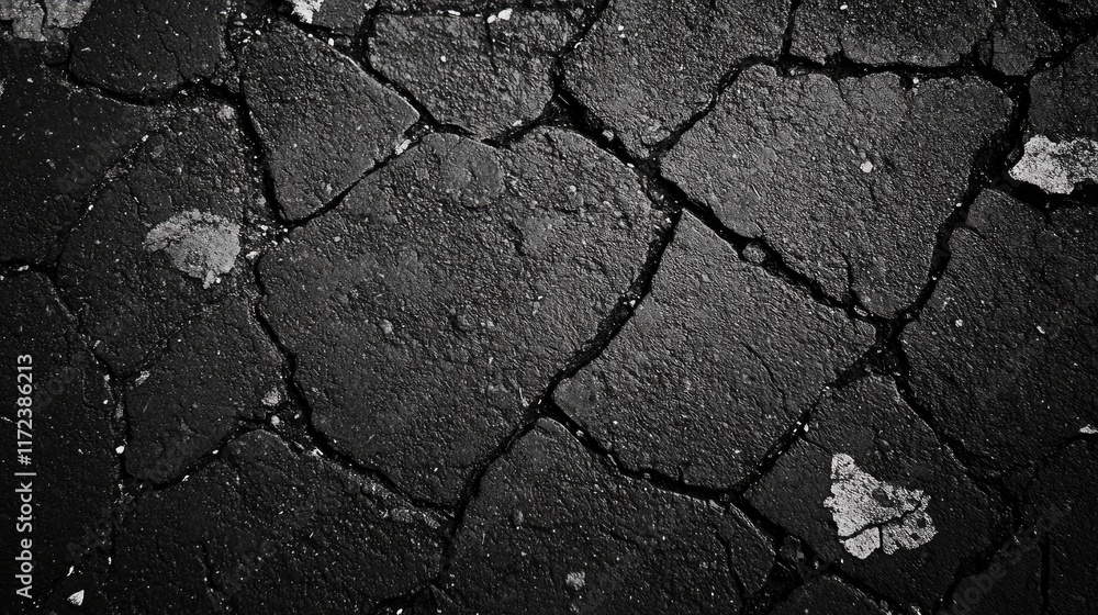 Poster detailed close-up of cracked dry asphalt surface showcasing unique textures and patterns in a monoch