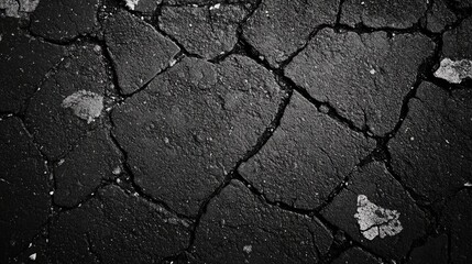 Obraz premium Detailed close-up of cracked dry asphalt surface showcasing unique textures and patterns in a monochrome color scheme. Perfect for backgrounds.