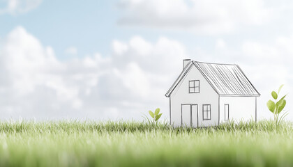 Dream home concept with sketch of house on green grass under blue sky, evoking sense of tranquility and creativity