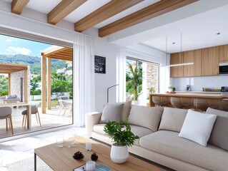 Modern living room design coastal home interior photography bright environment open view relaxing concept