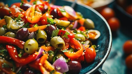 Vibrant Olive and Bell Pepper Salad with Fresh Herbs and Fish Sauce in a Decorative Bowl for Family Dining and Culinary Inspiration