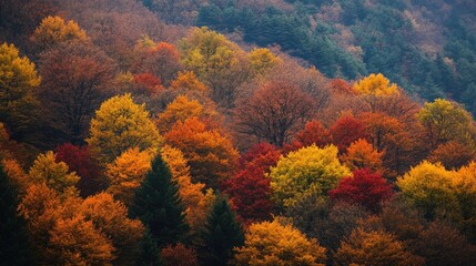 Autumn foliage displaying vibrant colors on mountain landscape in scenic nature view showcasing seasonal beauty and tranquility.