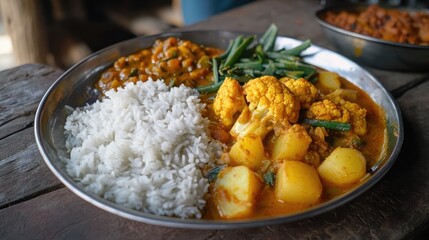 Nepali traditional cuisine featuring cauliflower and potato curry served with rice on a metal plate in rustic setting
