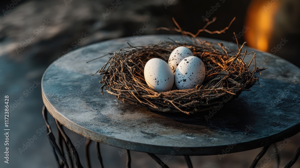 Poster easter nest with speckled eggs arranged on a rustic table creating a festive spring ambiance with so