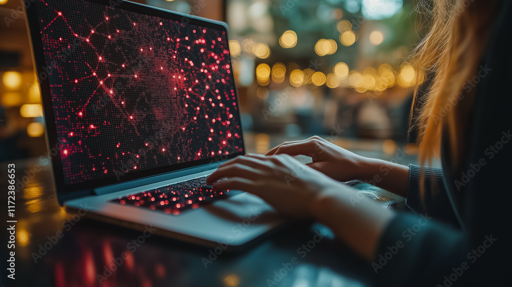 Poster cybersecurity expert at work: a woman's hands diligently type on a laptop displaying a complex netwo