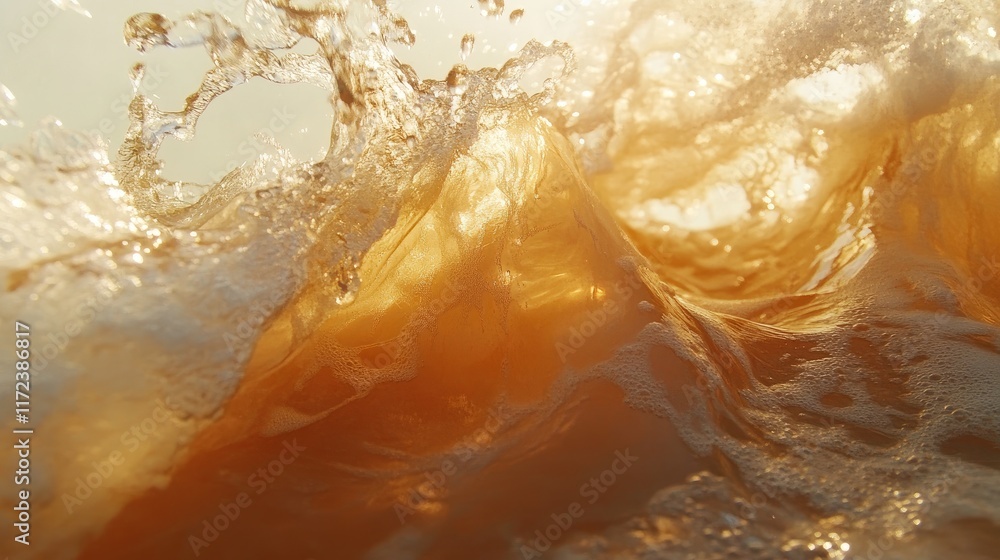 Poster coastal waves create dynamic patterns with golden hues reflecting sunlight in a serene ocean setting