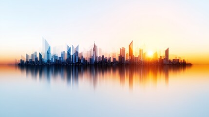 Naklejka premium Modern City Skyline at Sunset with Reflections on Water Surface