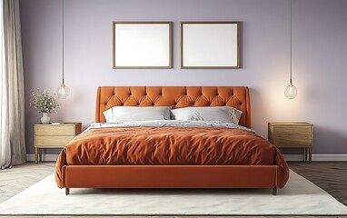 Modern bedroom interior design, orange bed, purple wall, nightstands, lamps.