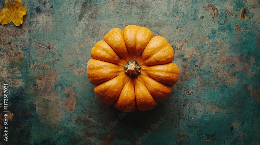 Poster overhead view of a bright orange pumpkin on a textured surface with autumn leaves and rustic colors