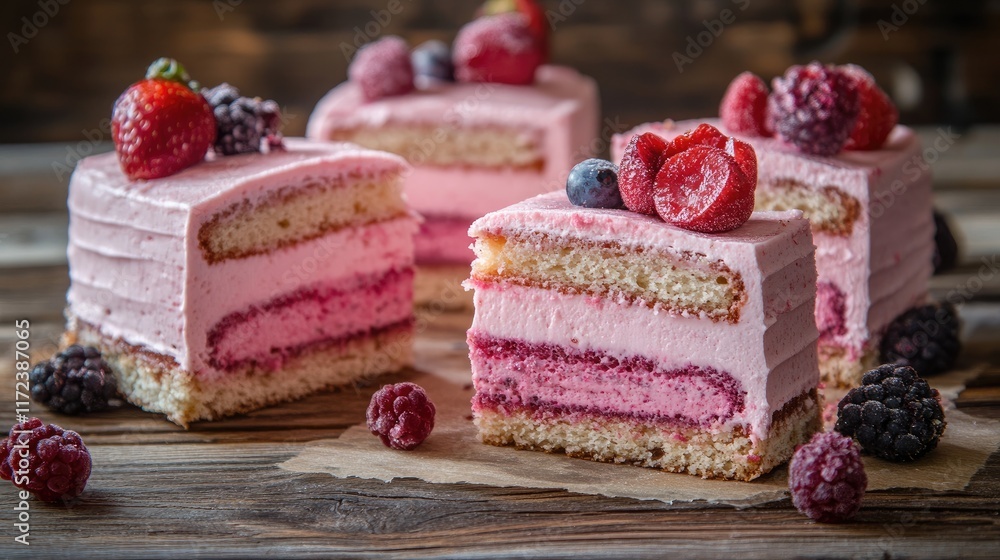 Poster deliciously layered pink fruit cake slices with berries on rustic wooden background capturing a temp
