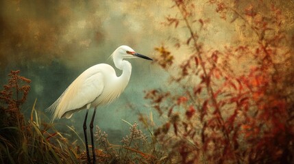 Elegant Egret Bird in Serene Wetland Setting Surrounded by Autumn Foliage at Dusk in Nature's Tranquil Habitat