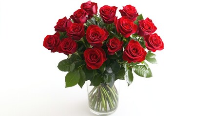 Elegant red rose bouquet arranged in a clear glass vase showcasing beauty and freshness on a white background. Perfect for romantic occasions.