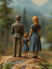 A small family stands together, gazing at a serene landscape in a figurative style.