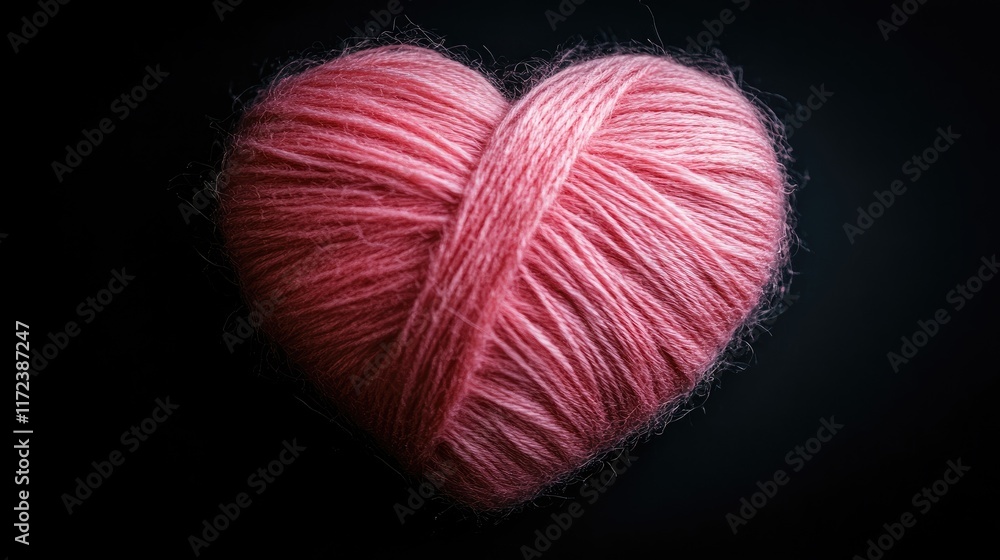 Poster pink wool heart on black background representing love and warmth in a creative and artistic composit