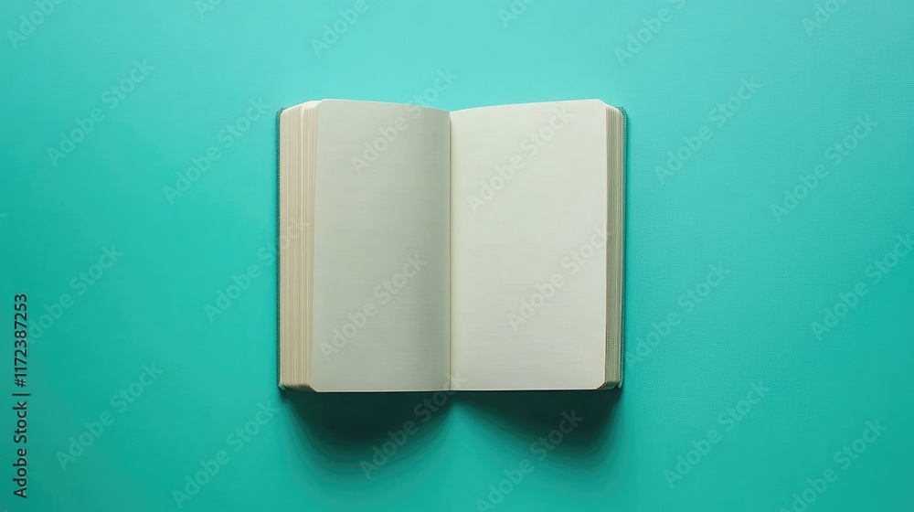Poster open blank book on mint background ready for notes or creative ideas showcasing minimalistic design 