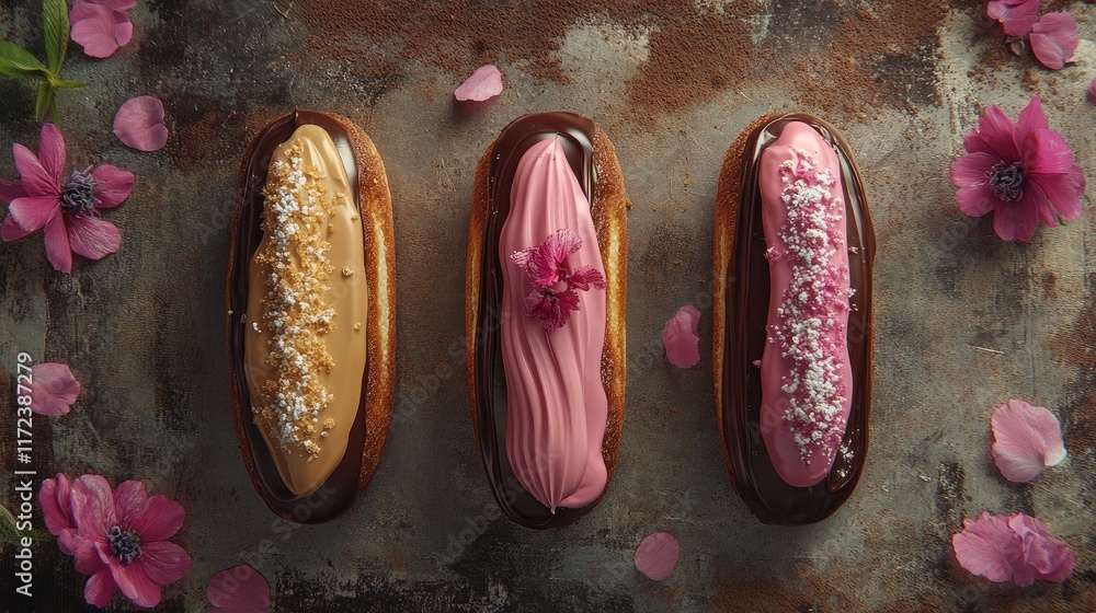 Poster overhead view of assorted eclairs with chocolate glaze and floral decorations on rustic background