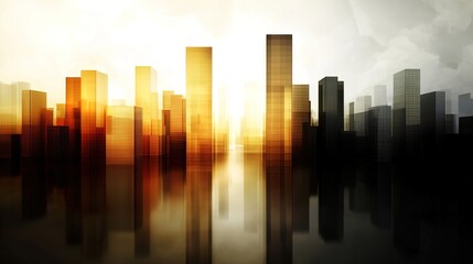 Fototapeta premium Urban skyline with dramatic sunset and reflection in water surface