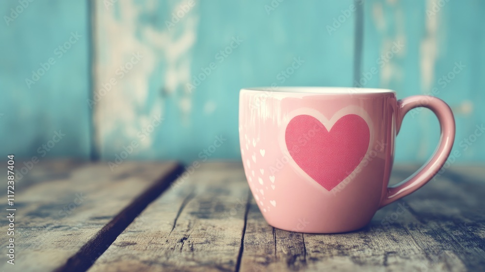 Poster Charming pink cup with heart design elegantly placed on rustic wooden table against a soft blue background creating a warm, inviting atmosphere
