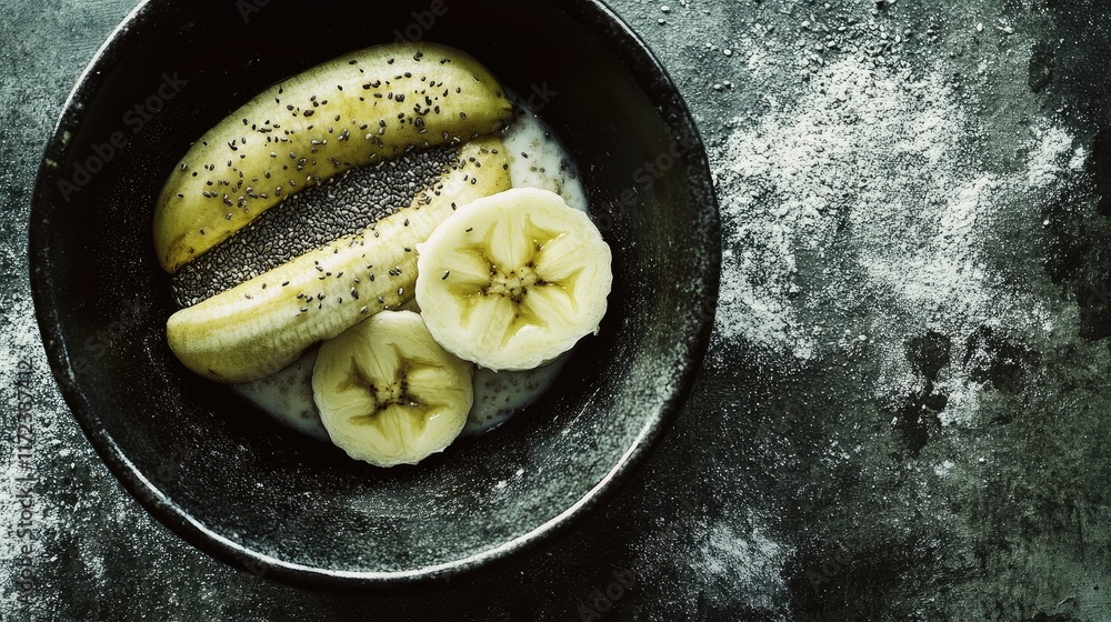 Aufkleber overnight oats topped with yogurt chia seeds and banana on dark textured surface selective focus hea
