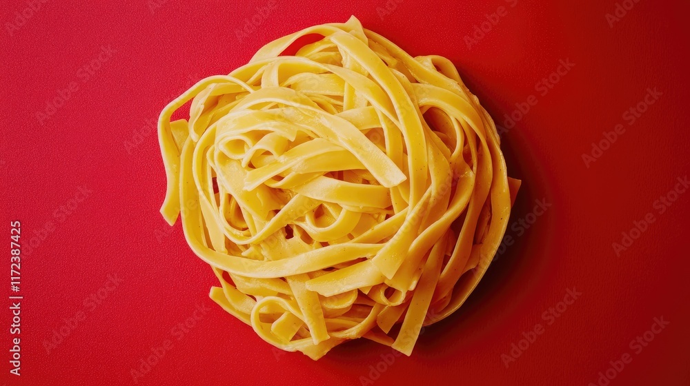 Poster Overhead view of fettuccine pasta arranged in a bundle on a vibrant red background for culinary and food presentation themes
