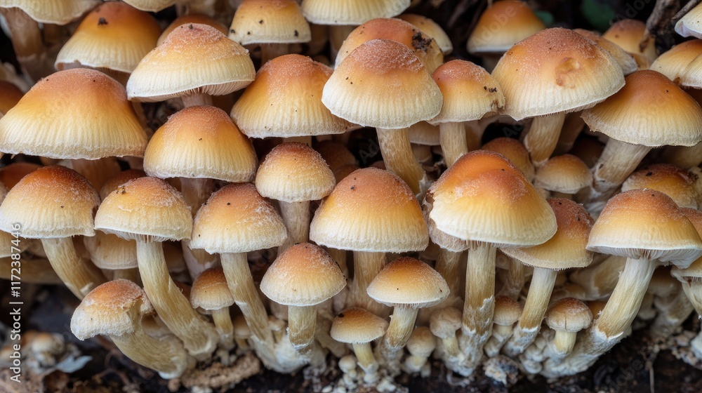 Aufkleber overhead view of fresh mushrooms grouped together showcasing their natural textures and colors ready