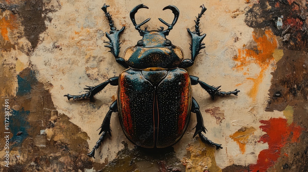 Poster colorful beetle on textured surface with artistic paint splatters showcasing vibrant details and nat