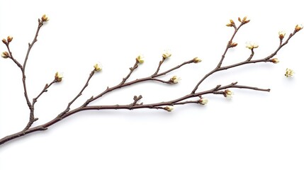 Delicate twigs with budding flowers on a white background showcasing the beauty of fragile nature in minimalist style