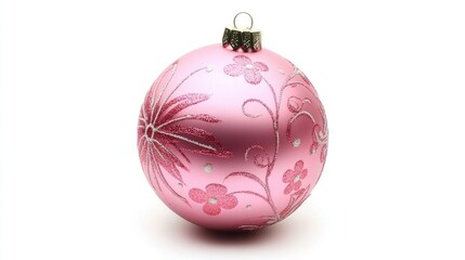 Elegant pink Christmas ornament adorned with floral designs on a clean white background perfect for holiday decor and seasonal celebrations.