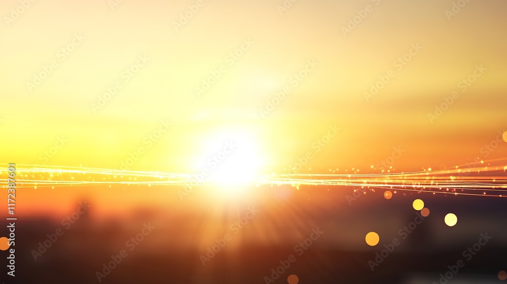 Poster beautiful sunset glow with bright light rays and soft bokeh effect