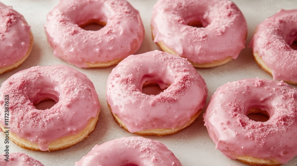 Poster pink iced doughnuts arranged on a pastel background showcasing a soft focus top view of delectable t