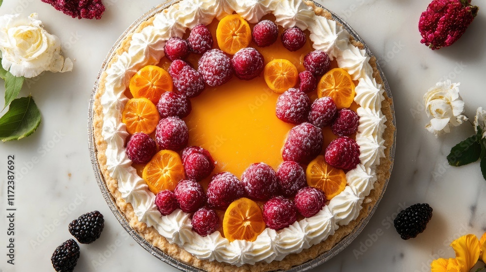Poster overhead view of a colorful traditional pie with whipped cream and fresh fruit garnish on a rustic s