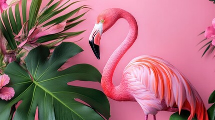 Naklejka premium Vibrant pink flamingo surrounded by lush tropical leaves and flowers against a soft pink background creating a lively summer atmosphere