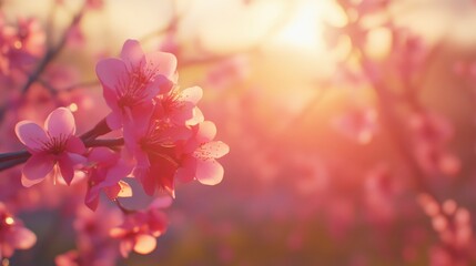 Blossoming peach flowers in a serene orchard at sunrise symbolizing the beauty of nature and the harvest season.