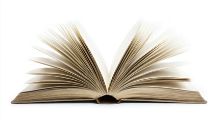 Vintage open book with yellowed pages on a clean white background showcasing texture and timelessness of literature and knowledge.