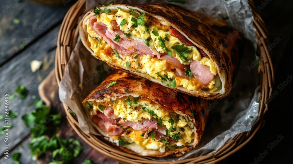 Poster overhead view of vibrant breakfast burrito filled with ham eggs cheese and bacon presented in a rust