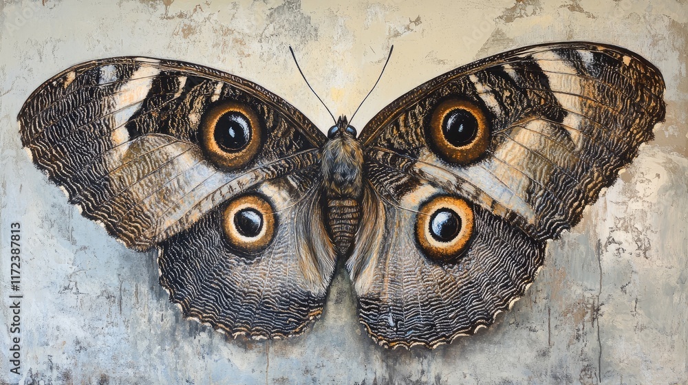 Poster detailed close-up of an owl butterfly showcasing intricate patterns and vibrant colors on its wings 