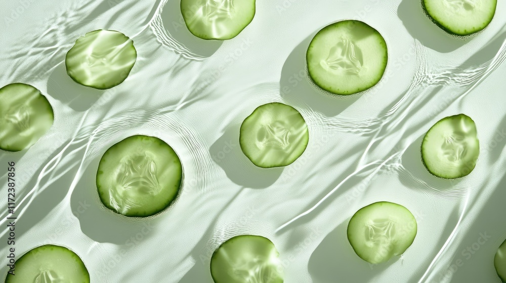 Poster sliced cucumbers floating on surface with gentle ripples and soft light creating a fresh and vibrant