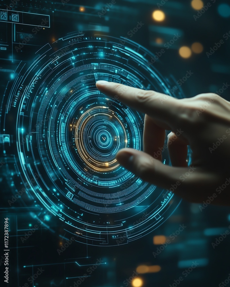 Poster closeup of a hand interacting with a digital interface, pointing at the center, showcasing touch tec