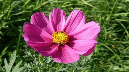 Fototapeta premium Vibrant pink cosmos flower blooming in a lush green garden showcasing nature's beauty and tranquility