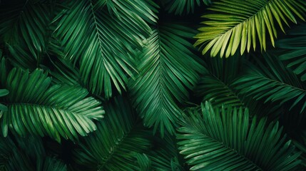 Lush tropical palm leaves creating a vibrant green background for nature-themed designs and organic concepts.