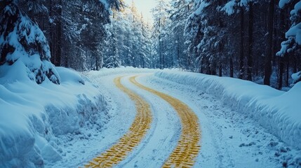 Obraz premium Winter trail with car tire tracks in snow covered forest showcasing a scenic road with yellow traffic lines for SUV adventure in nature.