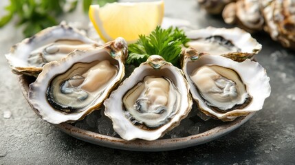 Freshly harvested oysters served on a plate with lemon and herbs ready for consumption in a seafood market setting