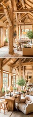 Rustic wooden beam interior design cozy living room photo bright environment wide angle home comforts
