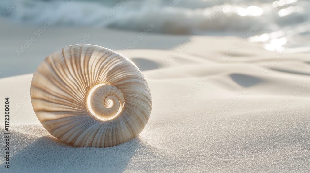 Aufkleber nautilus shell resting on white sandy beach with gentle waves in soft focus background creating a se