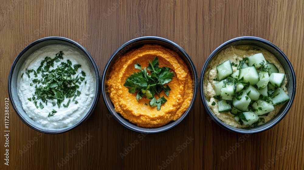 Poster assorted hummus and yoghurt sauces with cucumbers herbs and garlic served in bowls on a wooden table