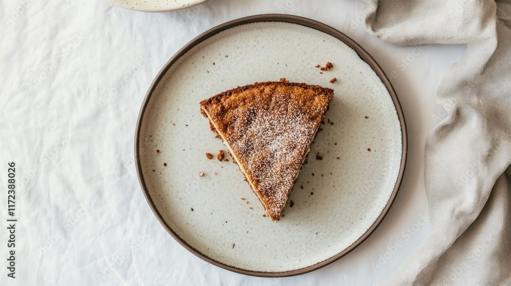 Leinwandbilder overhead view of a slice of delicious cake on a textured plate with a light cloth background