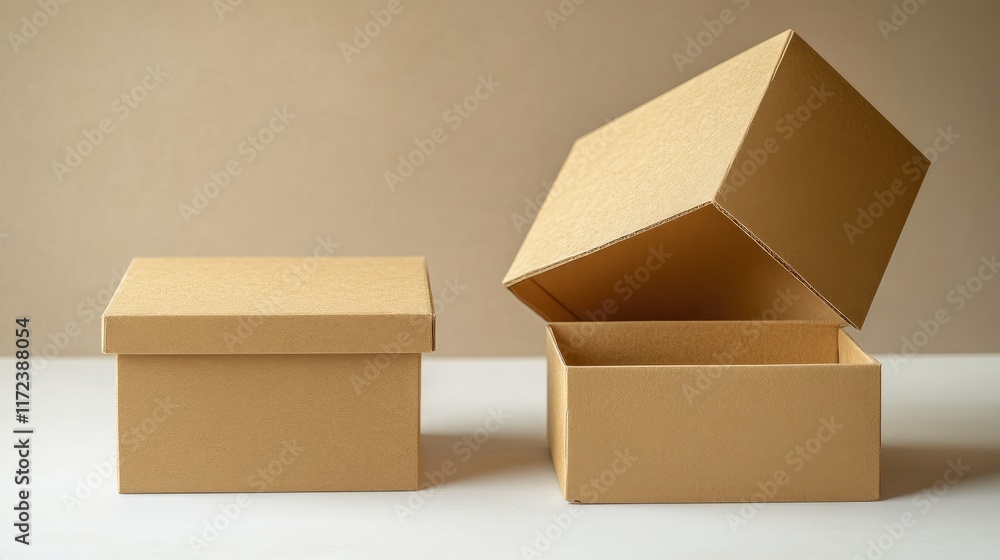 Poster cardboard boxes open and closed on a soft neutral background showcasing storage and packaging concep