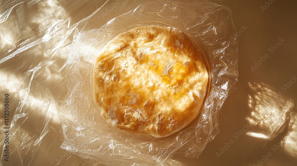Aufkleber overhead view of dough wrapped in plastic on a table showcasing kitchen prep and baking process with