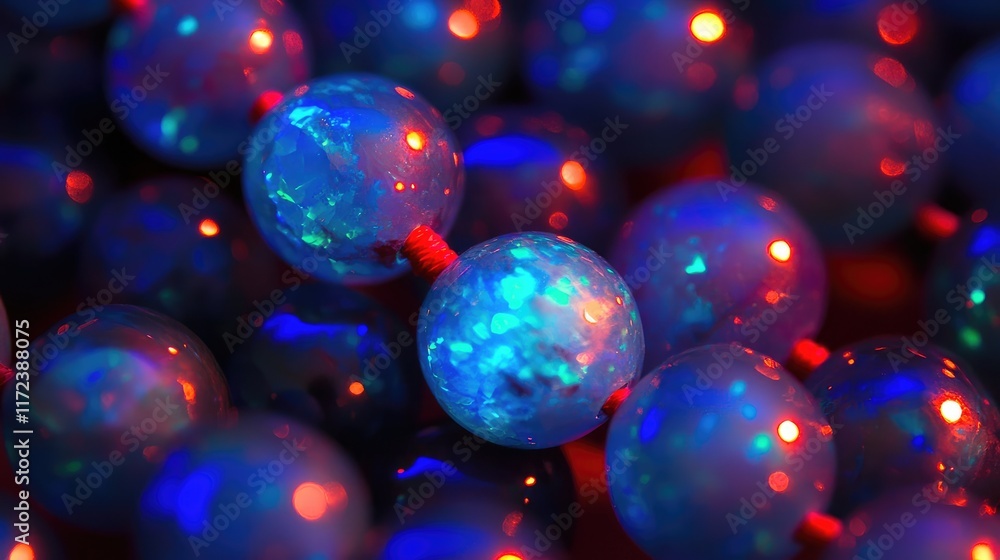 Poster opal blue beads with shimmering textures on red thread creating a vibrant and colorful artistic disp